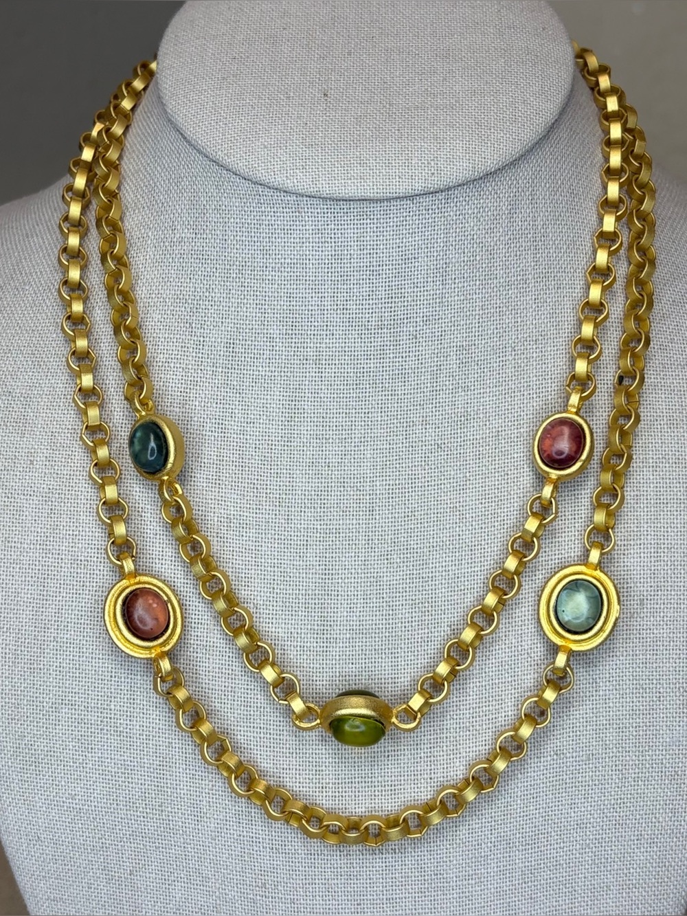 Matte Gold Tone Double Strand Chain Necklace with Multicolor Cabochon Stations